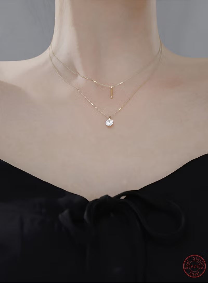 A full-body 925 silver double-layer two-layer chain with a word and round zircon pendant necklace gift box, fashionable and exquisite Valentine's Day Gift, temperament, versatile girl - Image 2